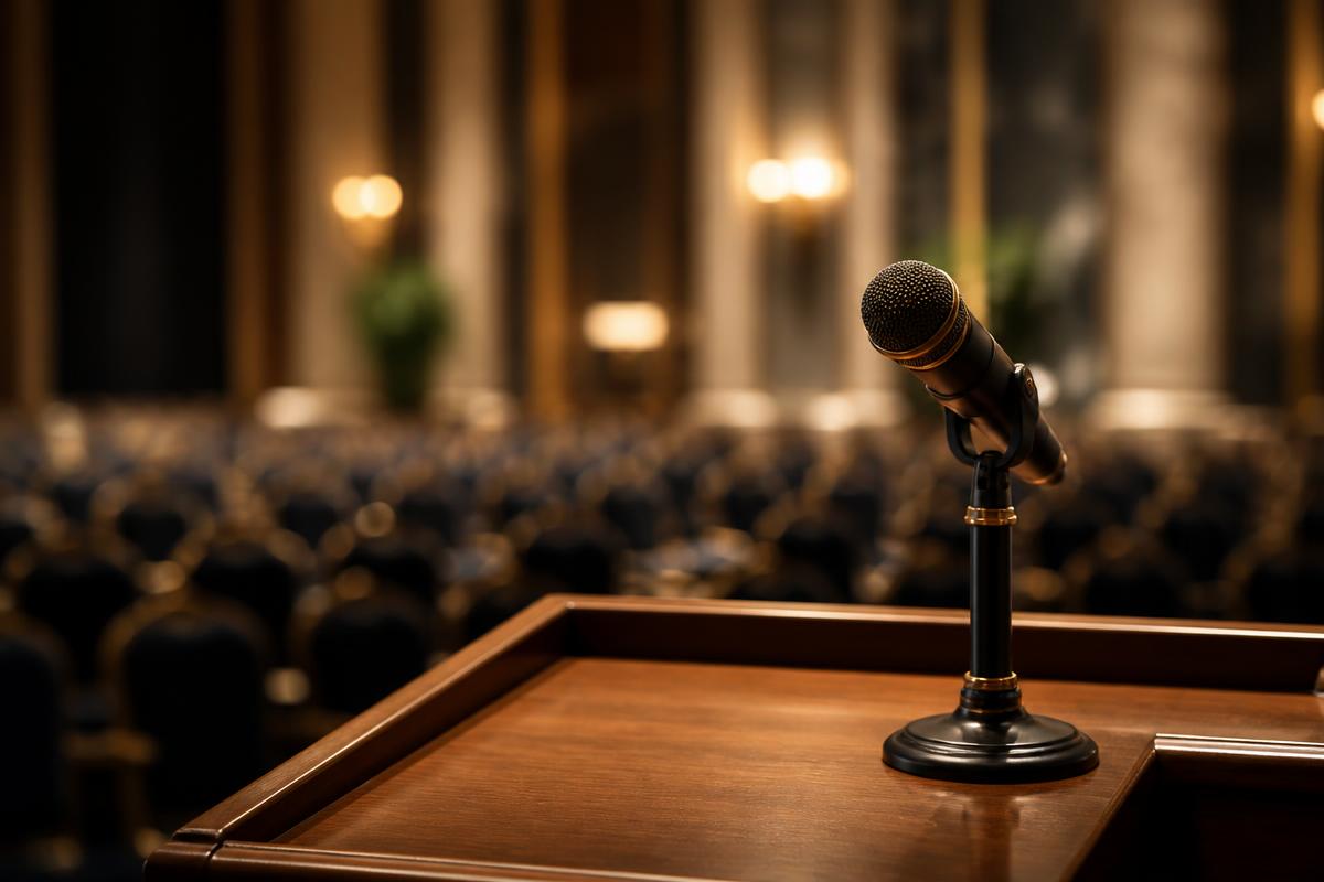 Pupitre et micro dans une salle de conférence — art oratoire